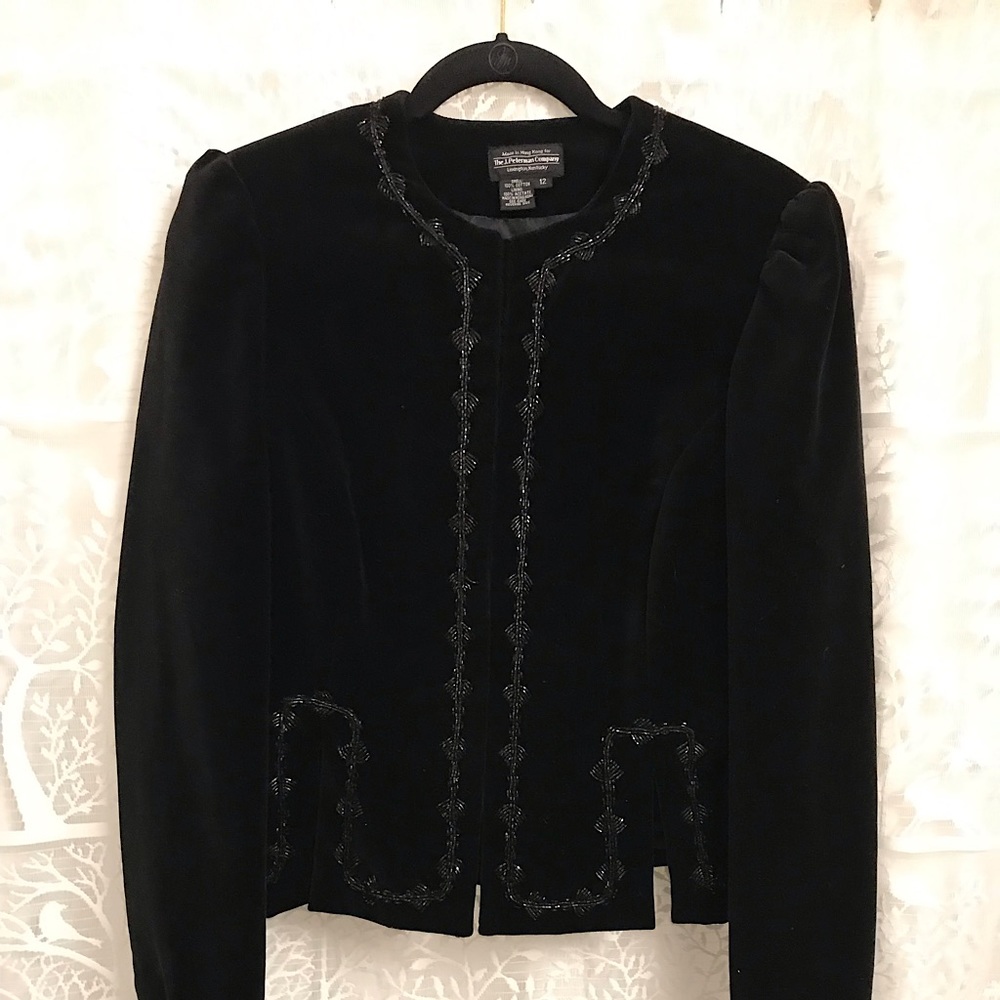 Black Velvet Jacket, Elegant, Black Bead Trim, J Peterman, Size 12.